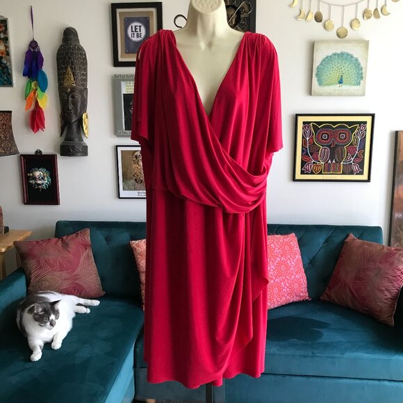 CHAPS size 24W Red Stretch Jersey Faux Wrap Flutter Sleeve Dress - Picture 1 of 4